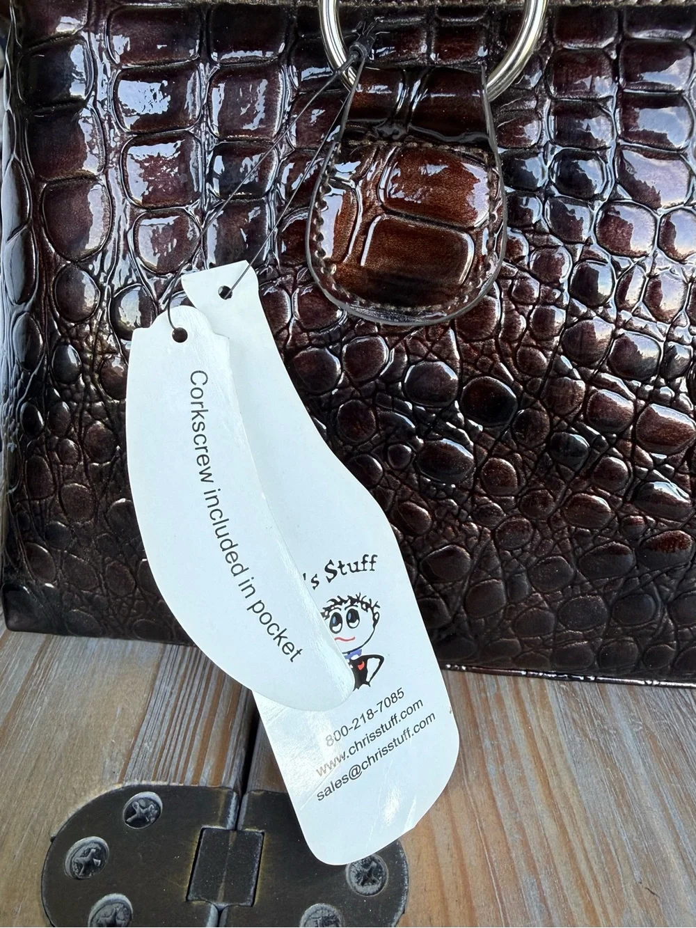 Insulated Wine Tote or Lunch Bag Brown and Black Croc-Embossed With Corkscrew - Picture 2 of 5